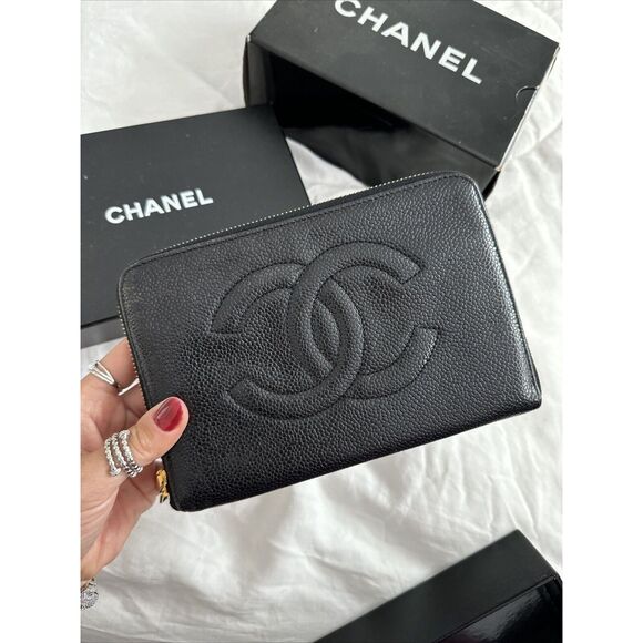 CHANEL Handbags - CHANEL Black Caviar Leather Timeless Zip Clutch Wallet W/Box